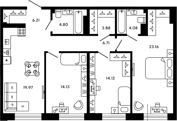Планировка — 17/33, 4-комн., 97 м²
