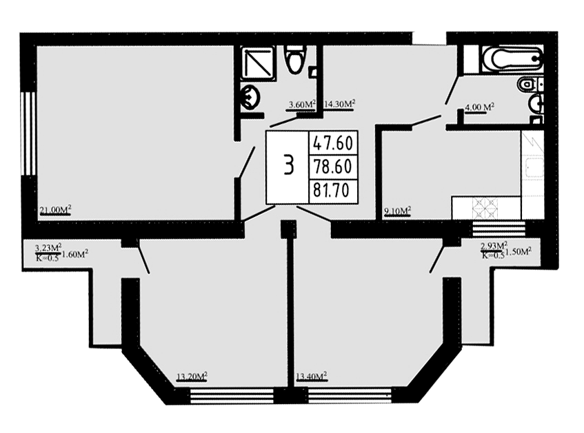 Планировка — Перспектива, 3-комн., 79 м²