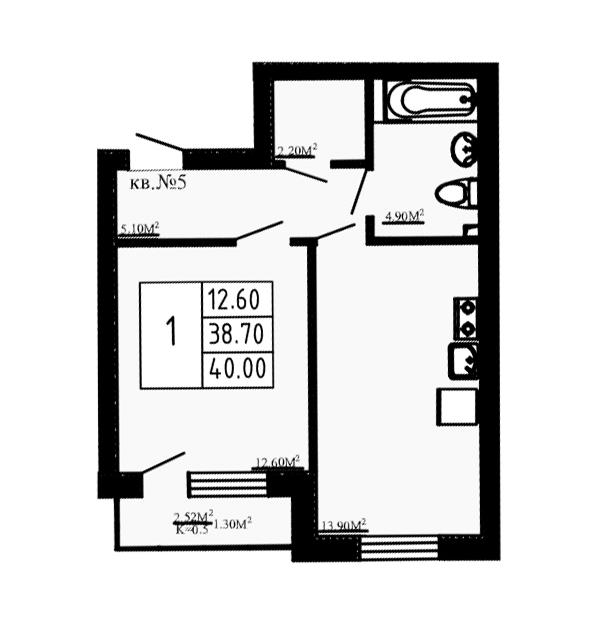 Планировка — Перспектива, 1-комн., 39 м²