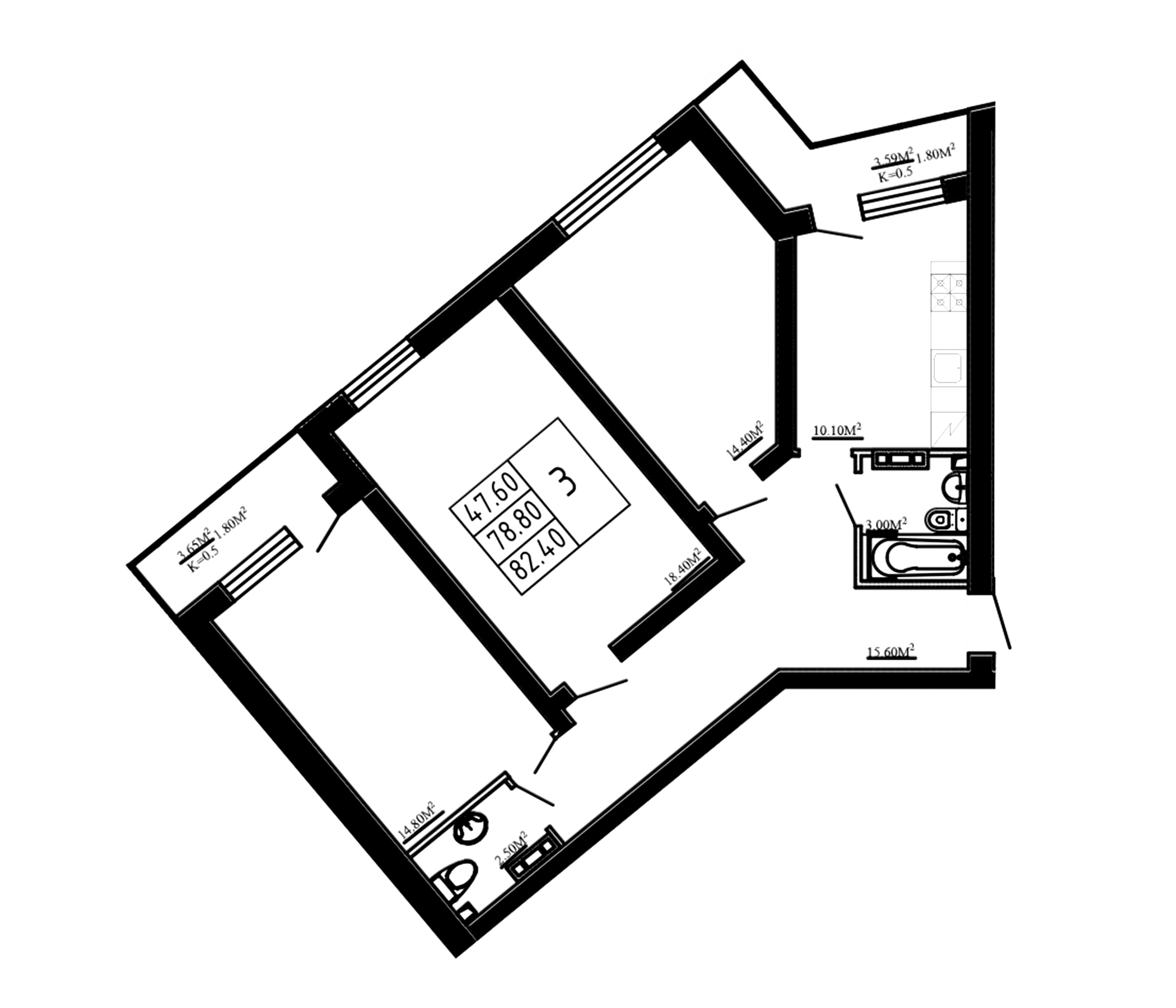 Планировка — Перспектива, 3-комн., 79 м²