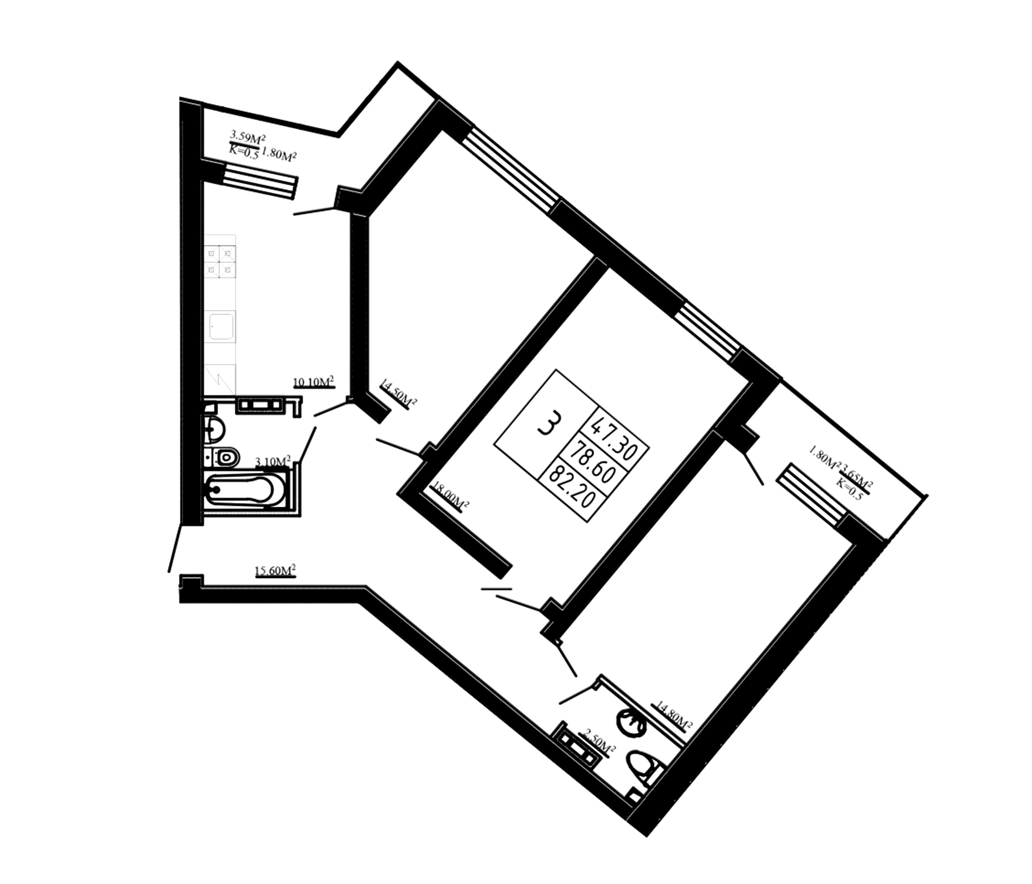 Планировка — Перспектива, 3-комн., 79 м²