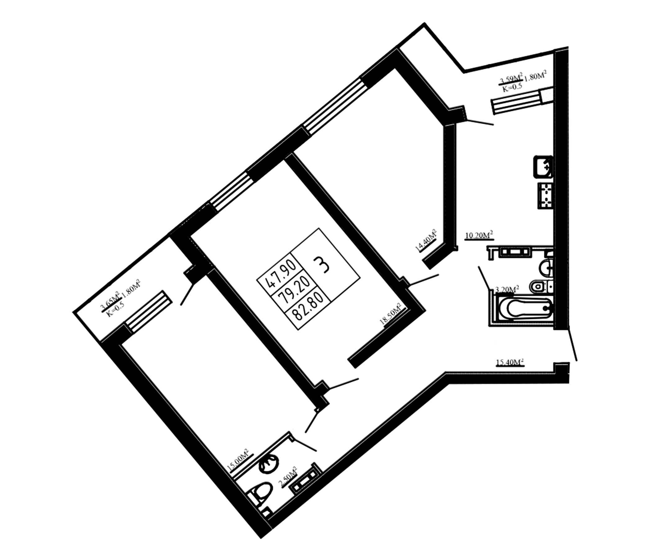 Планировка — Перспектива, 3-комн., 79 м²