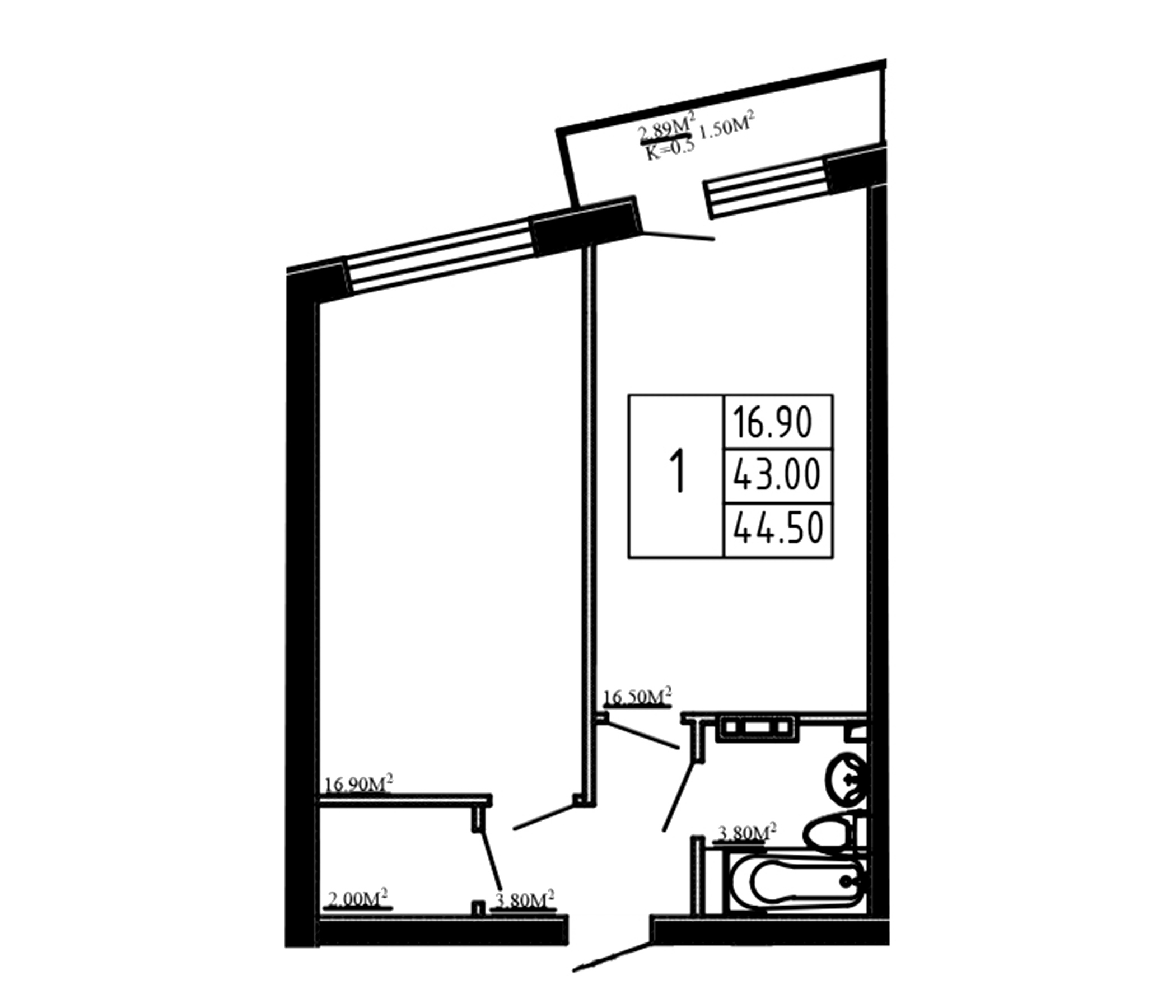 Планировка — Перспектива, 1-комн., 43 м²