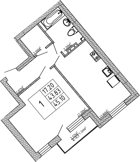 Планировка — Перспектива, 1-комн., 44 м²