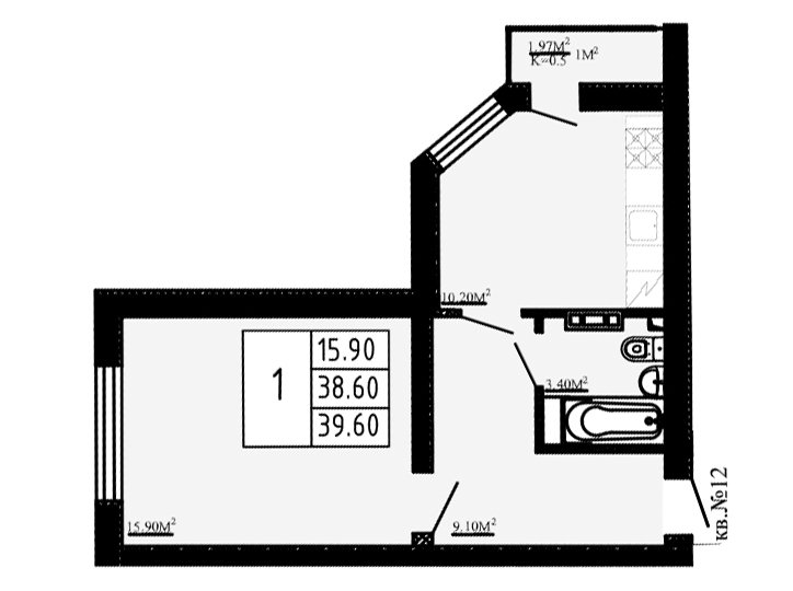 Планировка — Перспектива, 1-комн., 39 м²