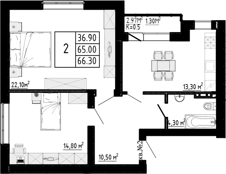 Планировка — Перспектива, 2-комн., 65 м²