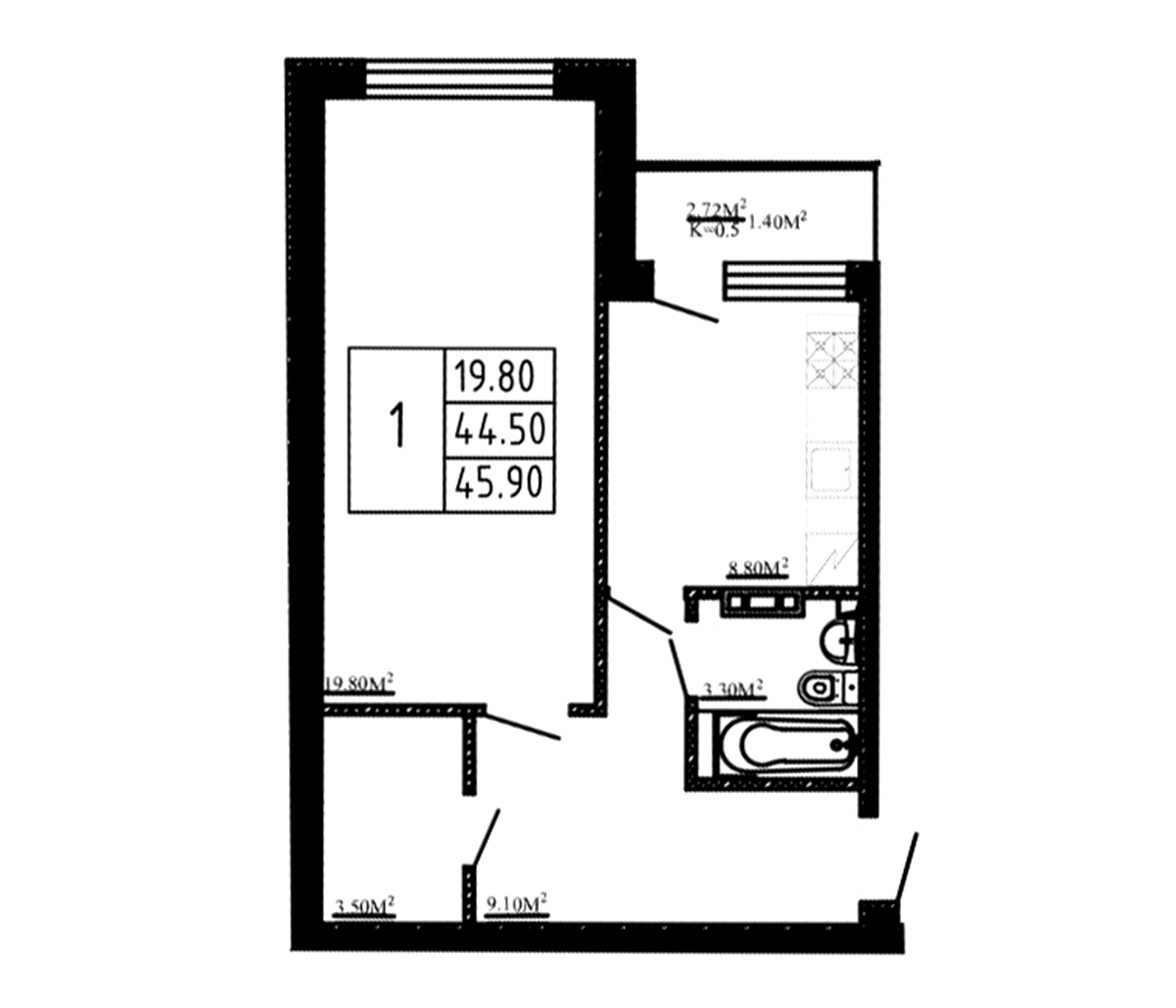 Планировка — Перспектива, 1-комн., 45 м²