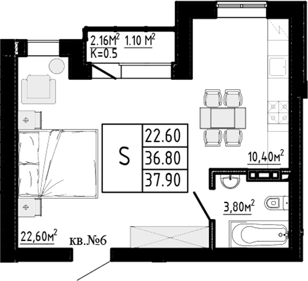 Планировка — Перспектива, Студия, 37 м²