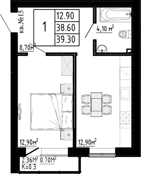 Планировка — Перспектива, 1-комн., 39 м²