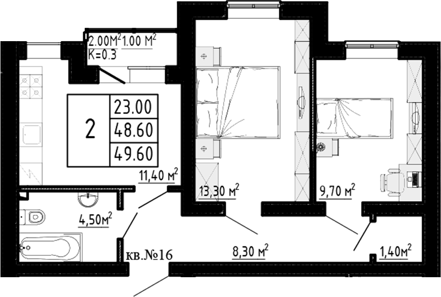 Планировка — Перспектива, 2-комн., 49 м²