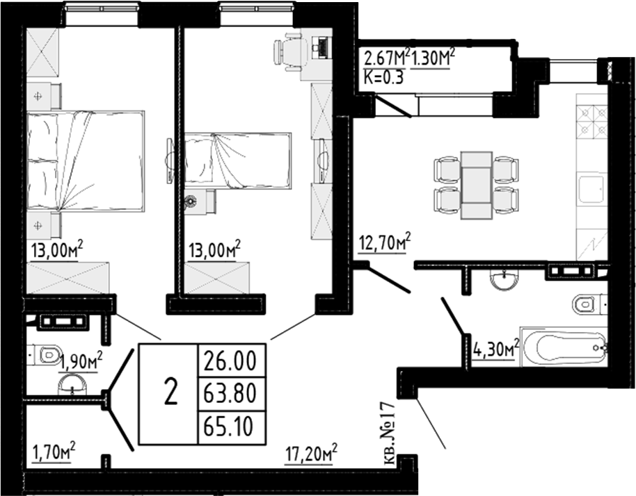 Планировка — Перспектива, 2-комн., 64 м²