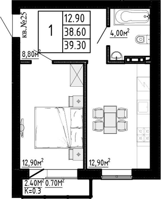 Планировка — Перспектива, 1-комн., 39 м²