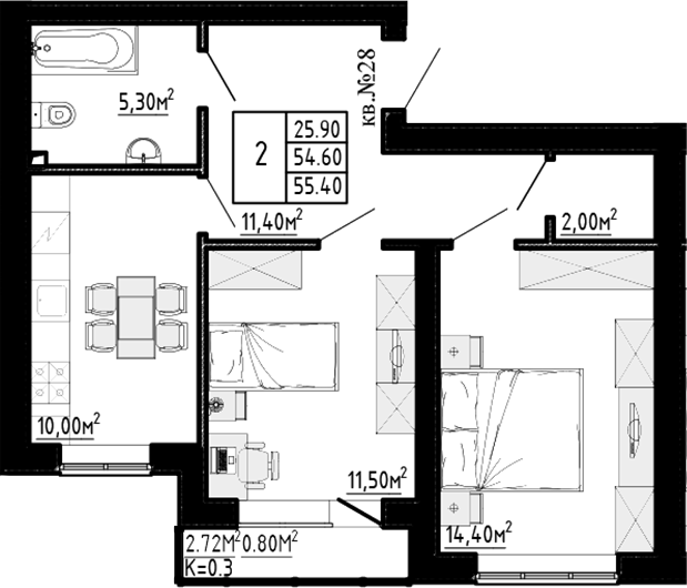 Планировка — Перспектива, 2-комн., 55 м²