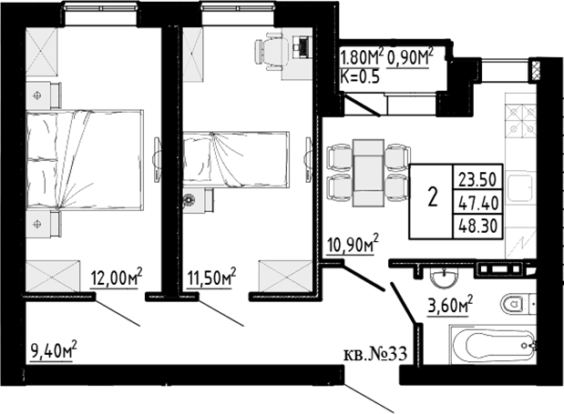 Планировка — Перспектива, 2-комн., 47 м²