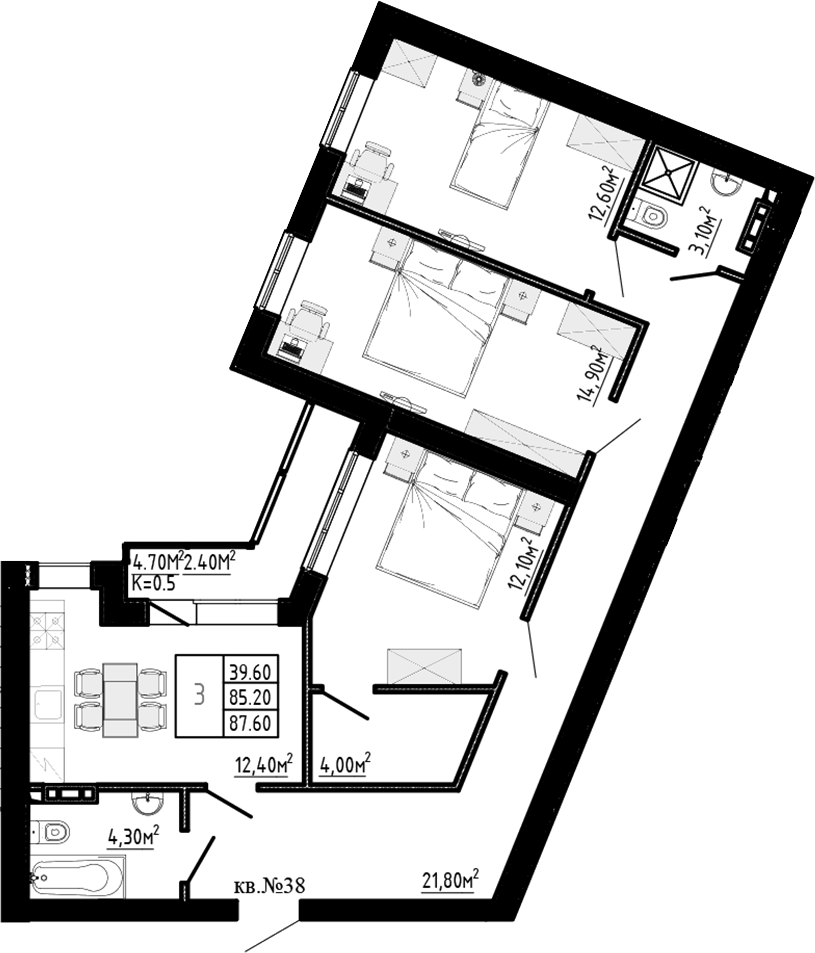 Планировка — Перспектива, 3-комн., 85 м²