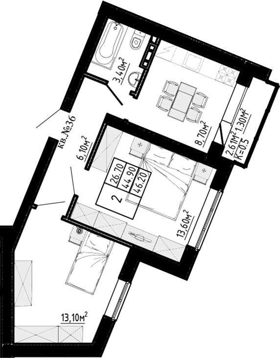 Планировка — Перспектива, 2-комн., 45 м²