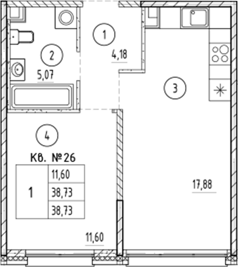 Планировка — PLUS Пулковский, 1-комн., 39 м²