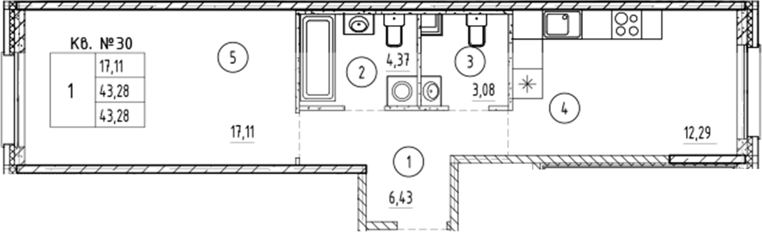 Планировка — PLUS Пулковский, 1-комн., 43 м²
