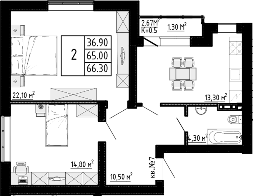 Планировка — Перспектива, 2-комн., 65 м²