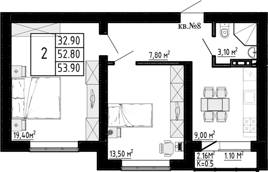 Планировка — Перспектива, 2-комн., 53 м²