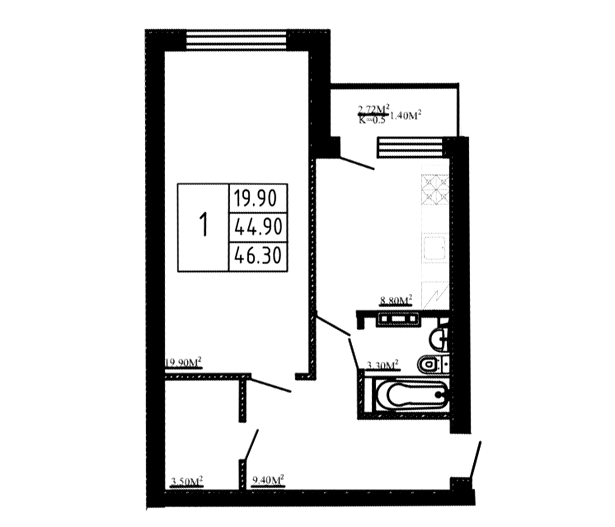 Планировка — Перспектива, 1-комн., 45 м²