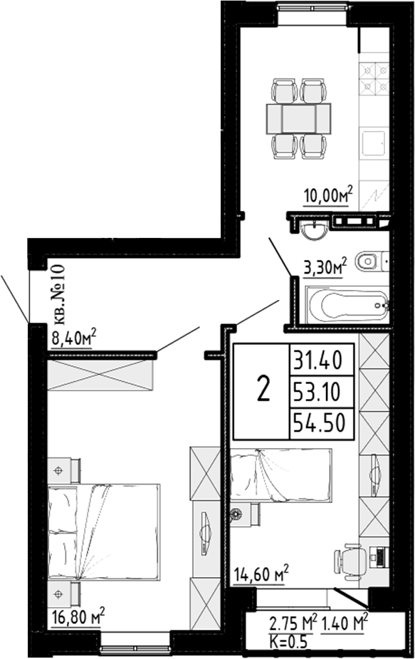 Планировка — Перспектива, 2-комн., 53 м²