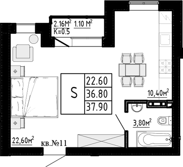 Планировка — Перспектива, Студия, 37 м²