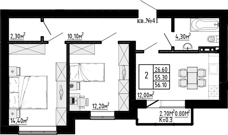 Планировка — Перспектива, 2-комн., 55 м²
