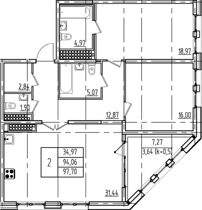Планировка — Дефанс, 3-комн., 94 м²