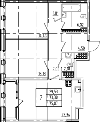 Планировка — Дефанс, 3-комн., 73 м²