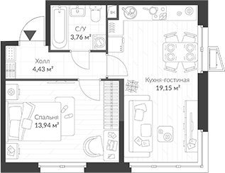 Планировка — ВЕРЕН НОРТ Cертолово, 2-комн., 41 м²