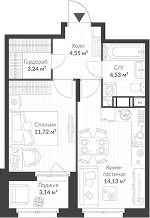 Планировка — ВЕРЕН НОРТ Cертолово, 2-комн., 38 м²