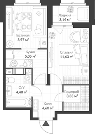 Планировка — ВЕРЕН НОРТ Cертолово, 2-комн., 38 м²