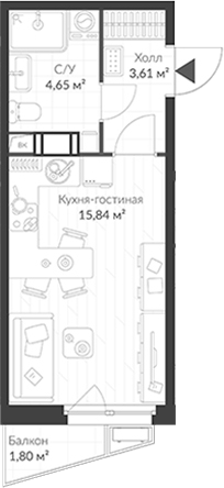 Планировка — ВЕРЕН НОРТ Cертолово, Студия, 24 м²