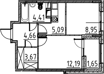 Планировка — ВЕРЕН НОРТ Cертолово, 2-комн., 39 м²