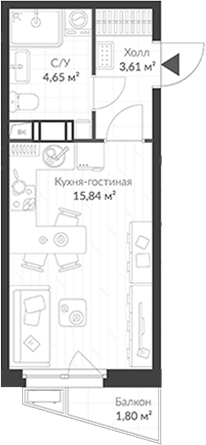 Планировка — ВЕРЕН НОРТ Cертолово, Студия, 24 м²