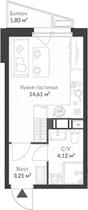 Планировка — ВЕРЕН НОРТ Cертолово, Студия, 22 м²
