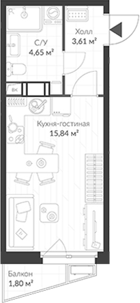 Планировка — ВЕРЕН НОРТ Cертолово, Студия, 24 м²