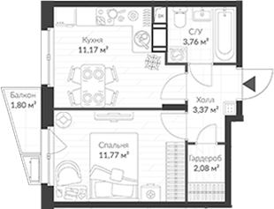 Планировка — ВЕРЕН НОРТ Cертолово, 1-комн., 32 м²