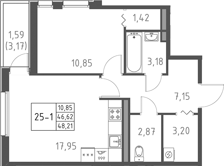 Планировка — Поинт Токсово, 2-комн., 47 м²
