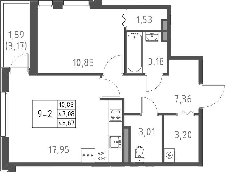 Планировка — Поинт Токсово, 2-комн., 47 м²