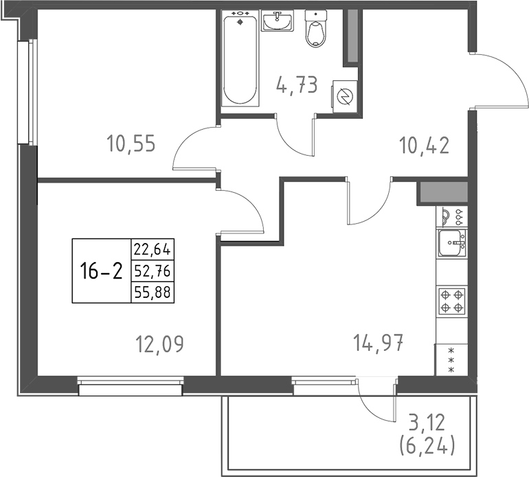 Планировка — Поинт Токсово, 2-комн., 53 м²