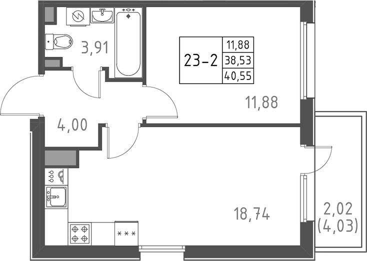Планировка — Поинт Токсово, 2-комн., 39 м²