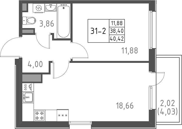 Планировка — Поинт Токсово, 2-комн., 38 м²
