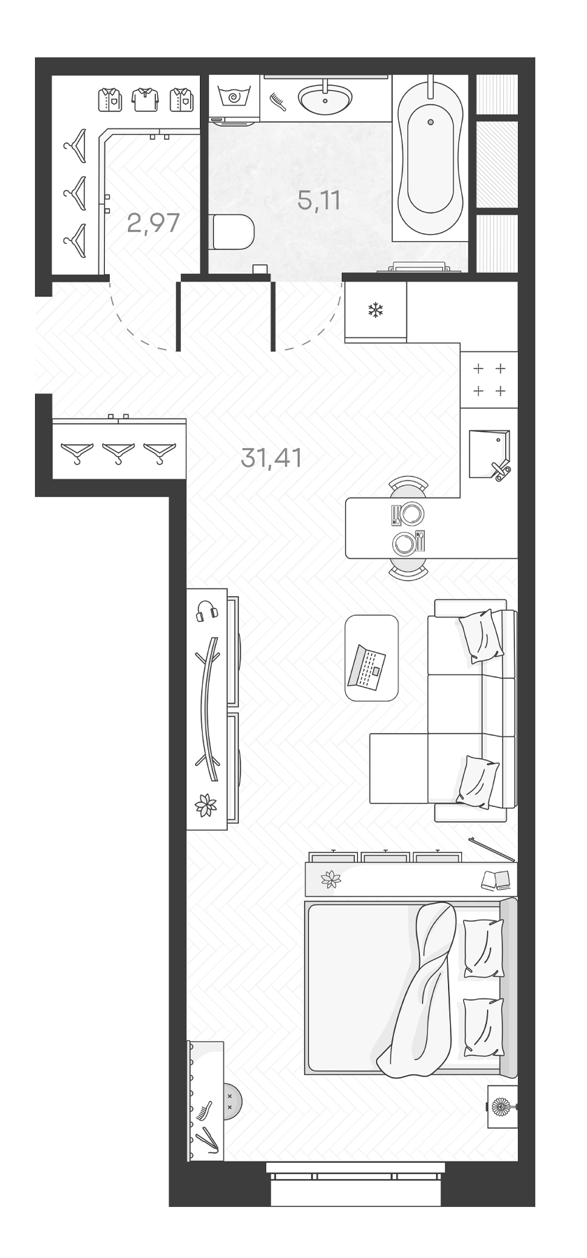 Планировка — Monodom Art, Студия, 39 м²