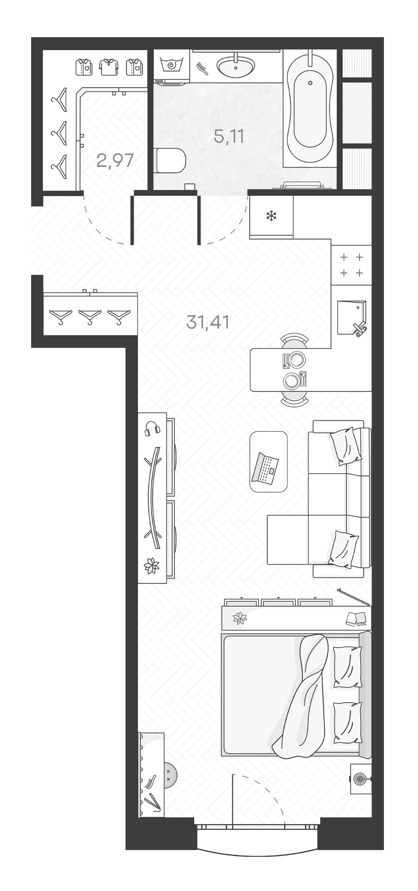Планировка — Monodom Art, Студия, 39 м²