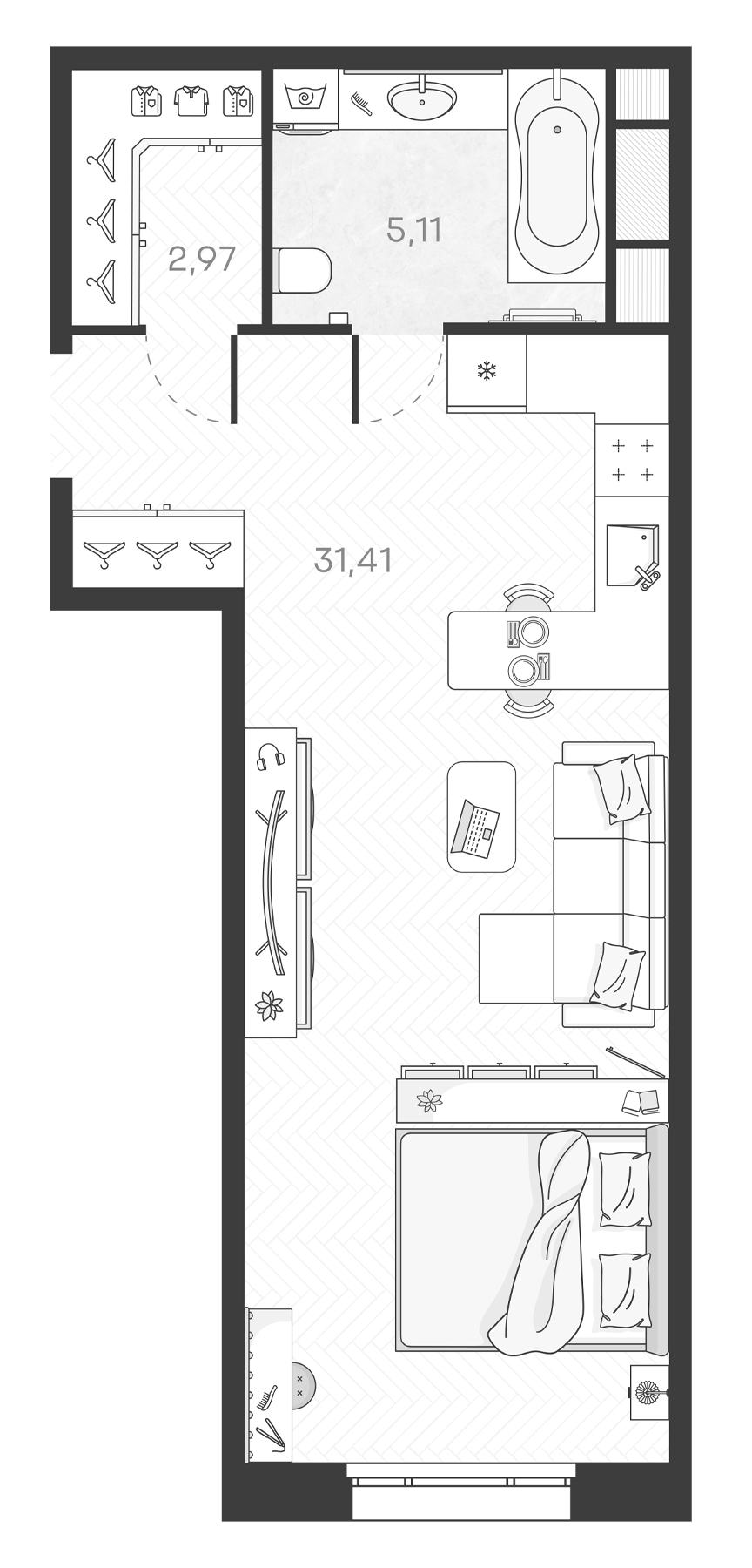 Планировка — Monodom Art, Студия, 39 м²