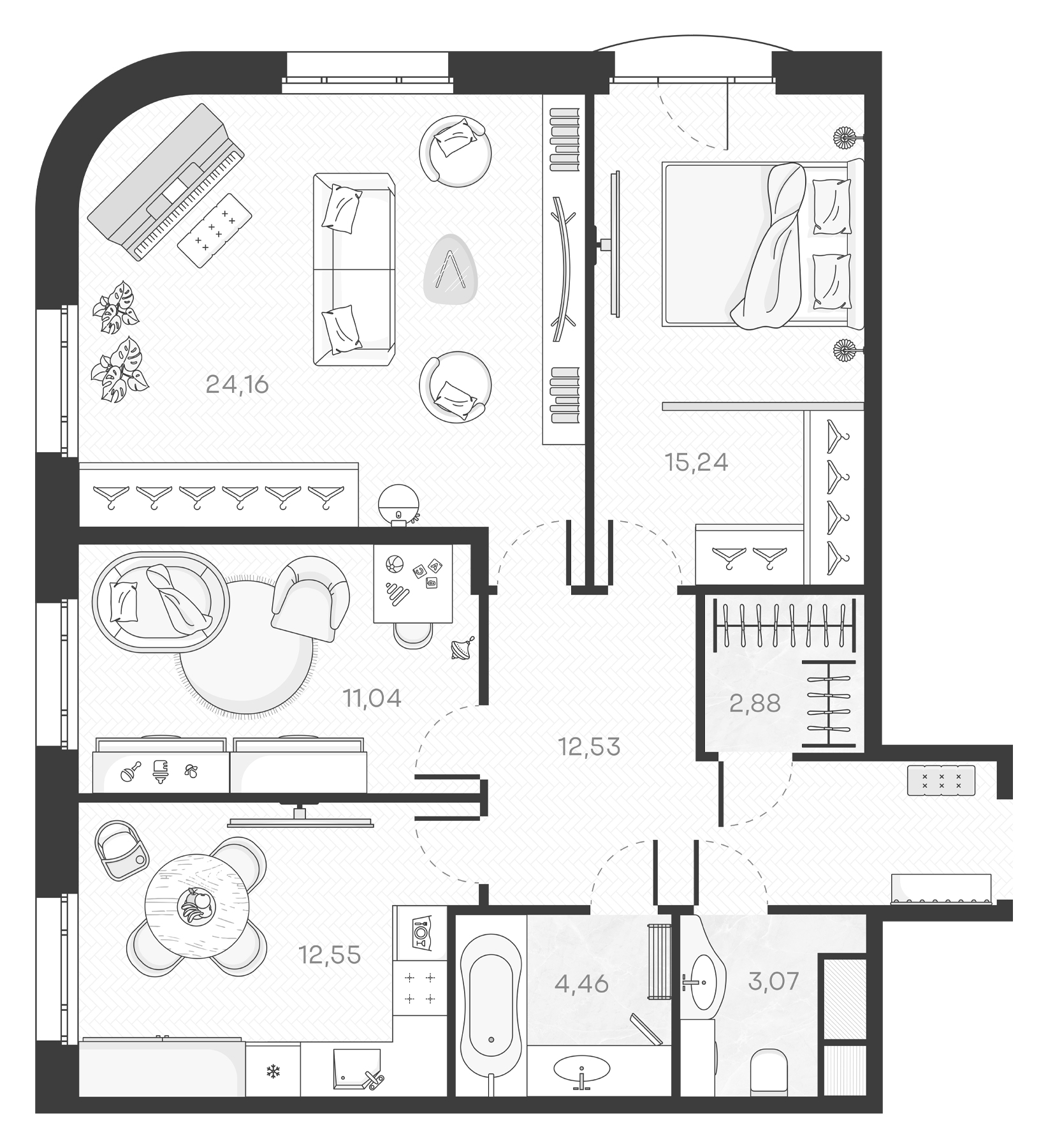 Планировка — Monodom Art, 3-комн., 86 м²