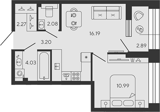 Планировка — BASHNI ELEMENT, 2-комн., 39 м²