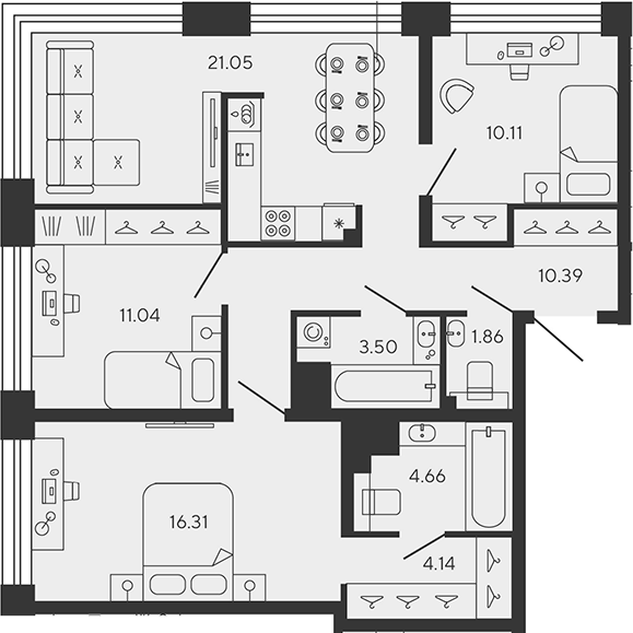 Планировка — BASHNI ELEMENT, 4-комн., 83 м²